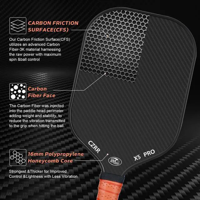 Alt view image 4 of 6 - Pickleball Paddle, USA Pickleball Approved, 3K Raw Carbon Fiber Surface (CFS) High Grit & Spin, with 16MM Polypropylene Honeycomb Core, Ideal for Novice and Professional Players