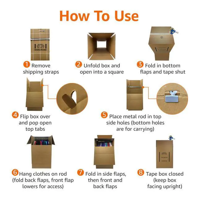 Alt view image 3 of 7 - Wardrobe Clothing Moving Boxes with Bar - 24" x 24" x 40", 3-Pack, Brown