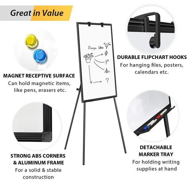 Alt view image 6 of 7 - Easel Whiteboard 40 x 28, Stand Tripod with Height Adjustable, Black | Magnetic Dry Erase Surface, Flipchart Stand, Portable Tripod Easel For Office, Teaching, Home And Classroom