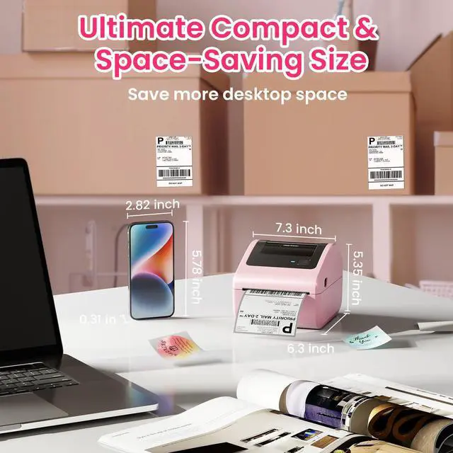 Alt view image 4 of 7 - Bluetooth Thermal Label Printer with Built-in Label Compartment | D450BT 4x6 Pink Shipping Label Printer for Small Business, Shipping Packages, Office, Home, Compatible with USPS, Tiktok
