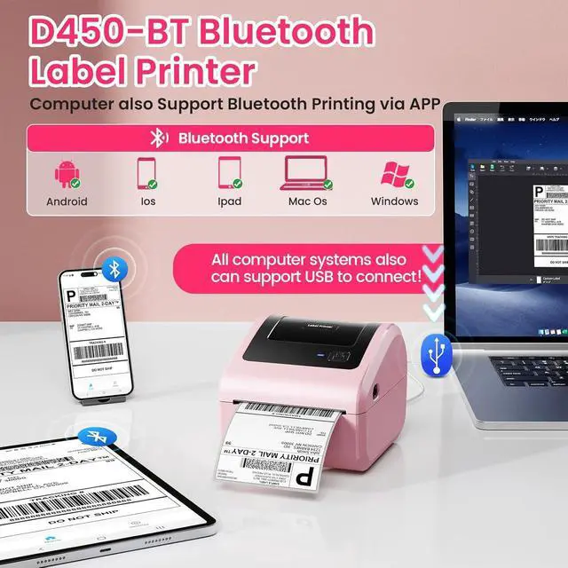 Alt view image 2 of 7 - Bluetooth Thermal Label Printer with Built-in Label Compartment | D450BT 4x6 Pink Shipping Label Printer for Small Business, Shipping Packages, Office, Home, Compatible with USPS, Tiktok