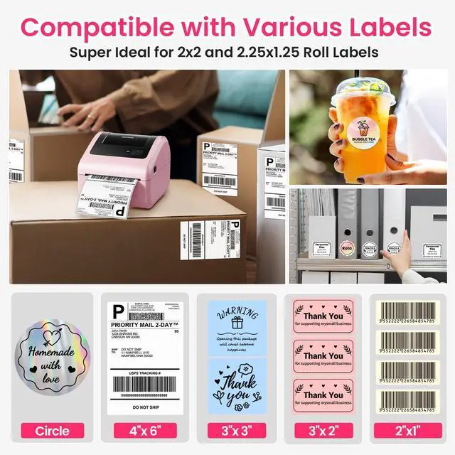 Alt view image 6 of 7 - Bluetooth Thermal Label Printer with Built-in Label Compartment | D450BT 4x6 Pink Shipping Label Printer for Small Business, Shipping Packages, Office, Home, Compatible with USPS, Tiktok