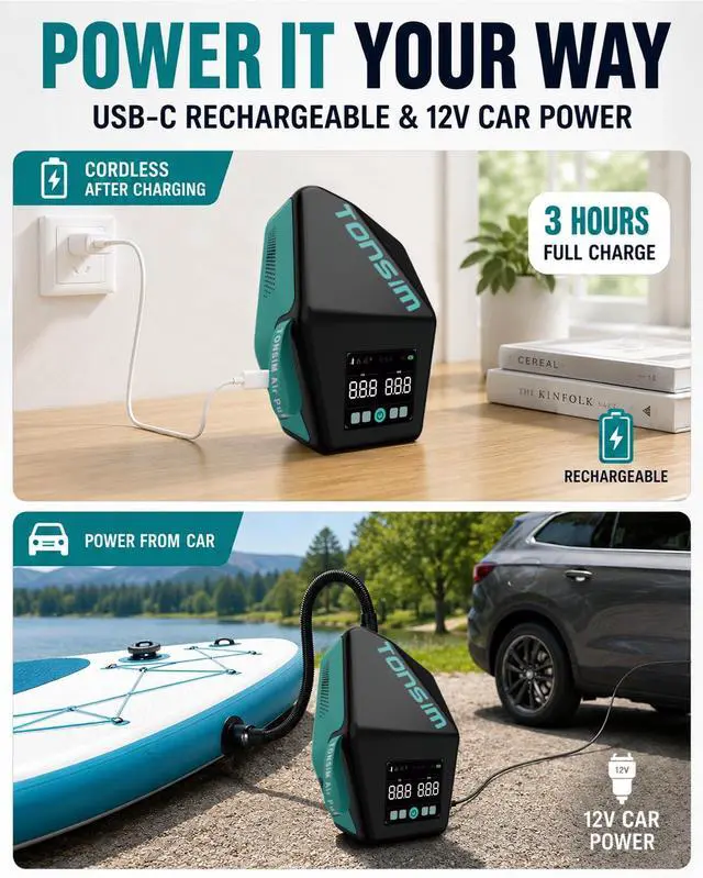Alt view image 3 of 7 - Electric Paddle Board Pump Rechargeable 20 PSI, 15600mAh Cordless SUP Pump with 4 Modes, Dual-Stage Inflation & Deflation, Auto-Off, 12V DC Car Connector, LED Light, Black