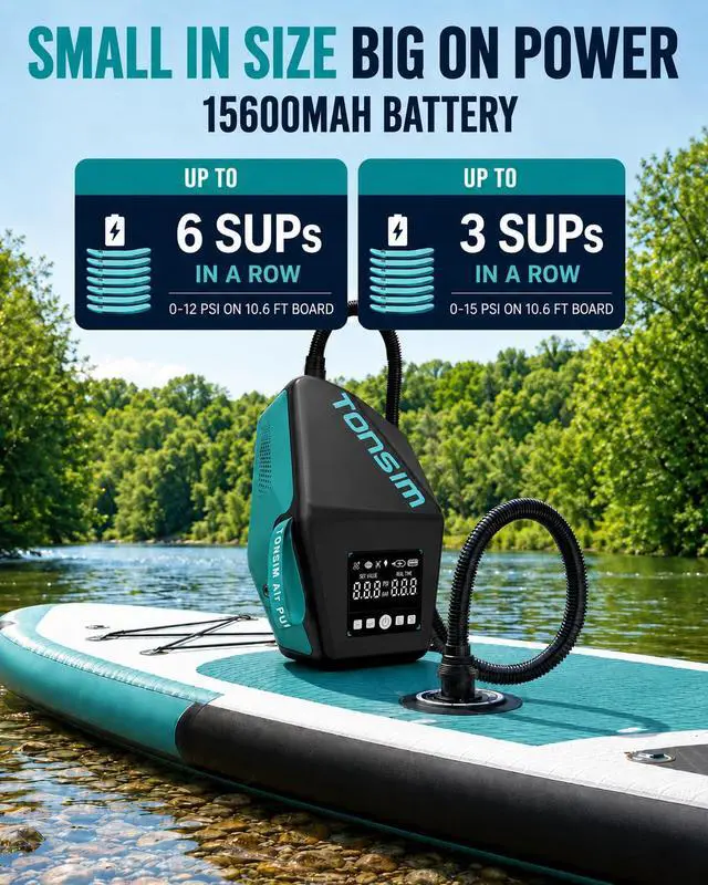 Alt view image 2 of 7 - Electric Paddle Board Pump Rechargeable 20 PSI, 15600mAh Cordless SUP Pump with 4 Modes, Dual-Stage Inflation & Deflation, Auto-Off, 12V DC Car Connector, LED Light, Black