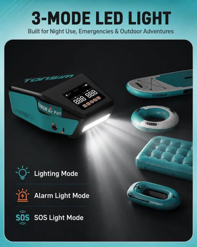 Alt view image 7 of 7 - Electric Paddle Board Pump Rechargeable 20 PSI, 15600mAh Cordless SUP Pump with 4 Modes, Dual-Stage Inflation & Deflation, Auto-Off, 12V DC Car Connector, LED Light, Black