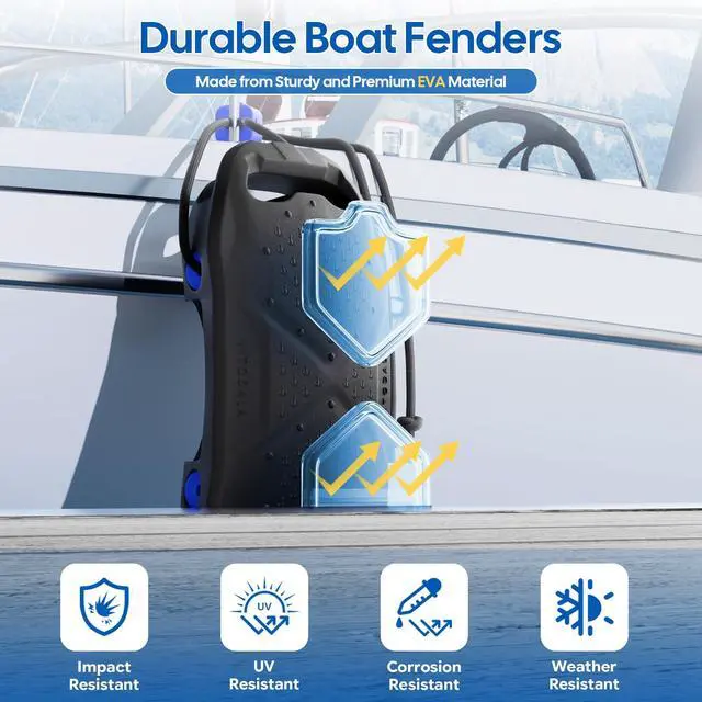 Alt view image 2 of 7 - Boat Fenders Boat Bumpers for Docking, Easy to Install EVA Fenders with Quick-Lock Rope & Strap for Pontoons, Bass, Yachts, Jet Ski and Fishing Boats(Black, 2 Pack)