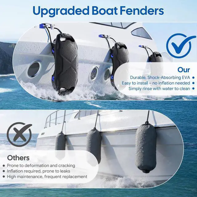 Alt view image 7 of 7 - Boat Fenders Boat Bumpers for Docking, Easy to Install EVA Fenders with Quick-Lock Rope & Strap for Pontoons, Bass, Yachts, Jet Ski and Fishing Boats(Black, 2 Pack)