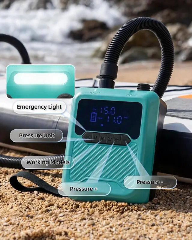 Alt view image 5 of 7 - Electric Paddle Board Pump Portable, 20PSI High Pressure SUP Air Pump with Intelligent Dual Stage Inflation, Deflation & Auto-Off Function, Rechargeable Battery & 120W 12V DC Inflator for Kayak Boat