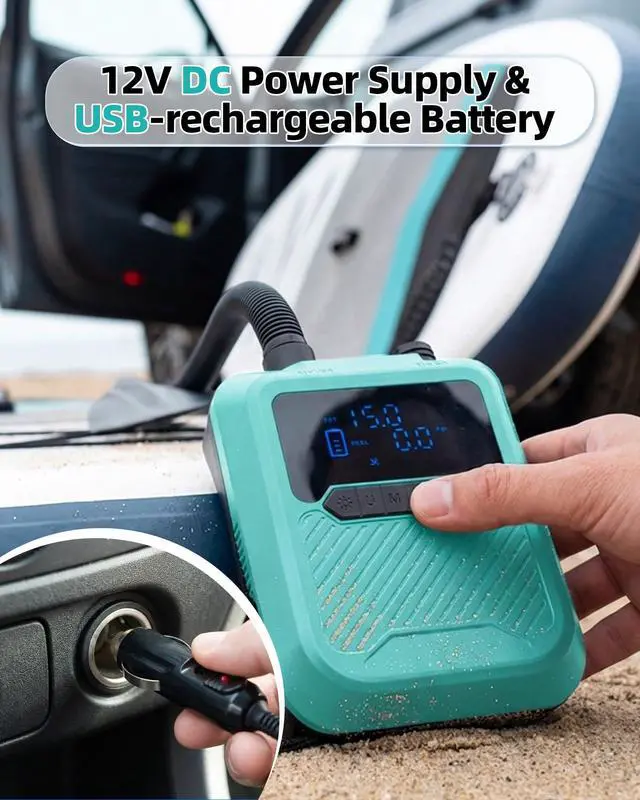 Alt view image 6 of 7 - Electric Paddle Board Pump Portable, 20PSI High Pressure SUP Air Pump with Intelligent Dual Stage Inflation, Deflation & Auto-Off Function, Rechargeable Battery & 120W 12V DC Inflator for Kayak Boat