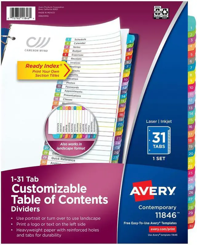 Main image of 1-31 Dividers for 3 Ring Binders, 31 Tabs per Set, Customizable Table of Contents, Multicolor Arched Tabs, Great for Organizing Reports, Projects, and More (12 Sets of 11846)