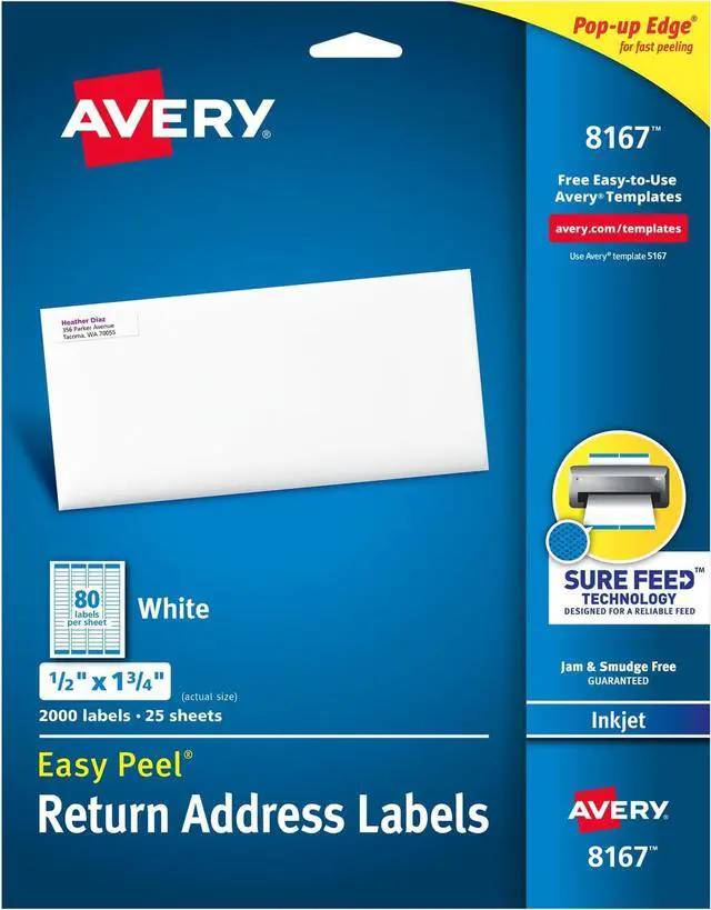 Main image of Printable Return Address Labels with Sure Feed, 0.5" x 1.75", White, 2,000 Blank Mailing Labels (08167) (Pack of 5)