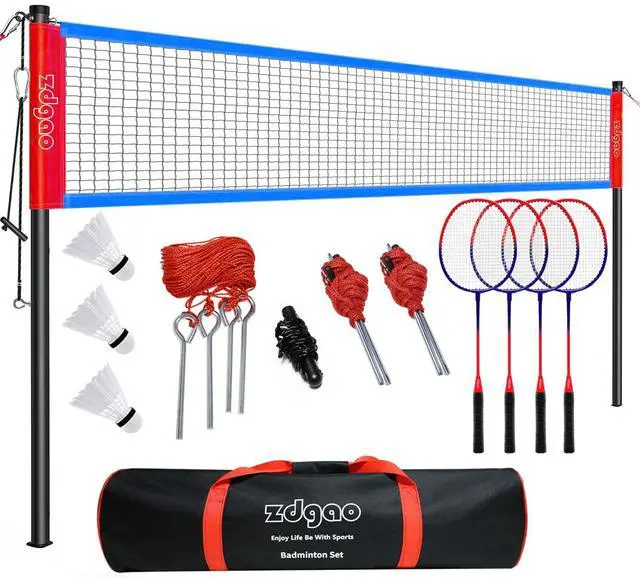 Main image of Badminton Sets for Backyard - 20FT Net and Badminton Racket Set of 4 | Portable Badminton Net with Tension Adjuster, 3 Nylon Shuttlecocks, Boundary Line, Carry Bag for Beach, Outdoor Family Game