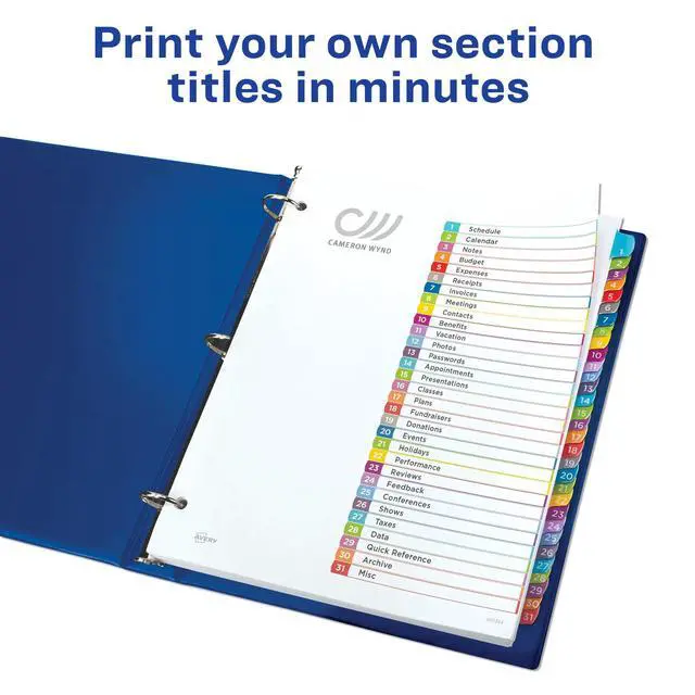 Alt view image 2 of 7 - 1-31 Dividers for 3 Ring Binders, 31 Tabs per Set, Customizable Table of Contents, Multicolor Arched Tabs, Great for Organizing Reports, Projects, and More (11846) (Pack of 12)