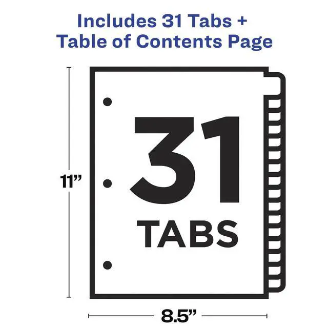 Alt view image 4 of 7 - 1-31 Dividers for 3 Ring Binders, 31 Tabs per Set, Customizable Table of Contents, Multicolor Arched Tabs, Great for Organizing Reports, Projects, and More (11846) (Pack of 12)