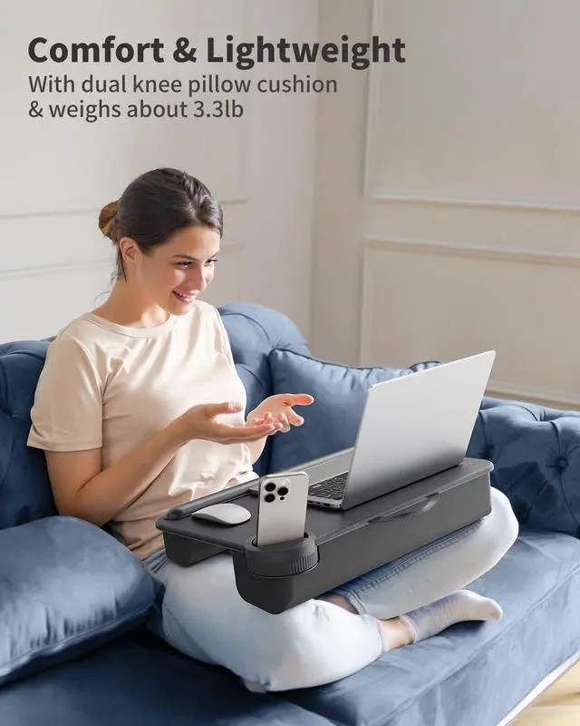 Alt view image 7 of 7 - Laptop Lap Desk with External Monitor Holder Fits Up to 17" Laptops | Lightweight Lap Tray Table Stand with Soft Leather Wrist Pad, Lap Desk with Cushion for Home Office Working/Gaming On Couch