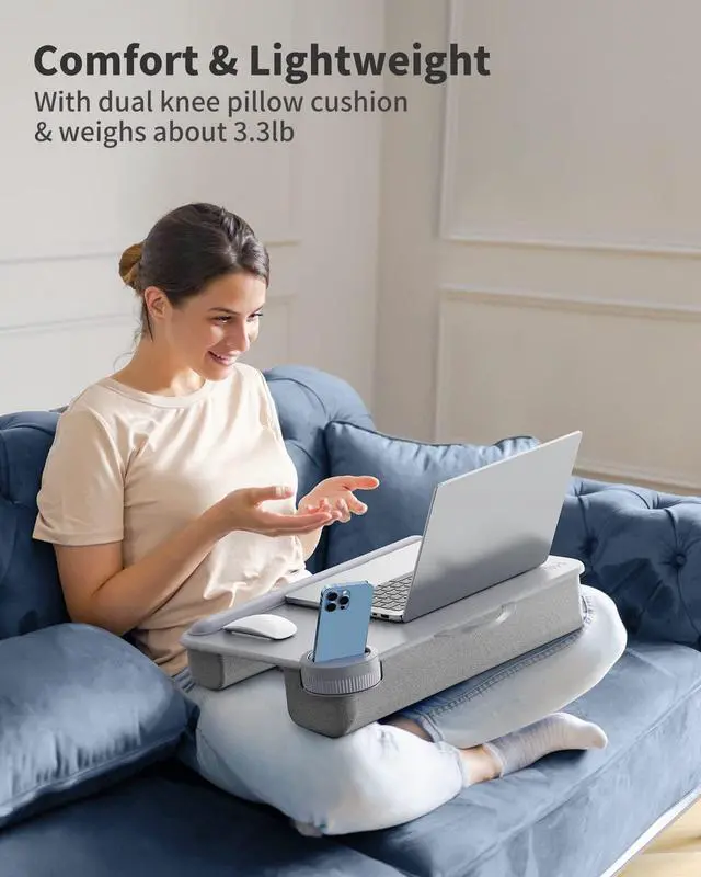 Alt view image 5 of 7 - Laptop Lap Desk for BedFits Up to 17" Laptops & MacBook,Lightweight Tray Table with Soft Leather Wrist Pad,Sturdy Phone/Tablet Holder, Laptop Stand with Cushion for Home Office/Gaming On Couch