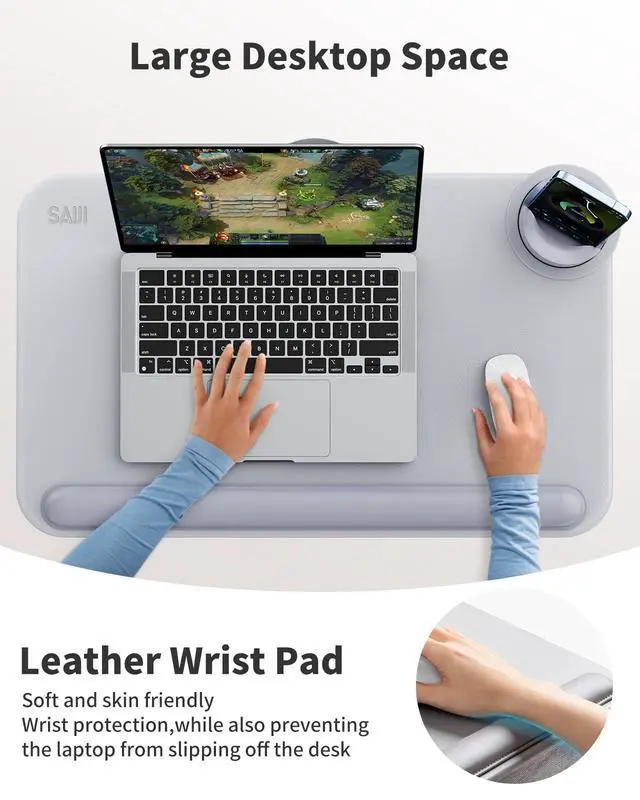 Alt view image 2 of 7 - Laptop Lap Desk for BedFits Up to 17" Laptops & MacBook,Lightweight Tray Table with Soft Leather Wrist Pad,Sturdy Phone/Tablet Holder, Laptop Stand with Cushion for Home Office/Gaming On Couch