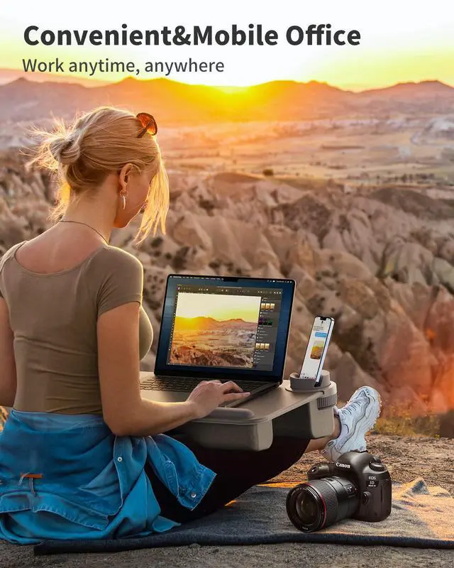 Alt view image 7 of 7 - Laptop Lap Desk for BedFits Up to 17" Laptops & MacBook,Lightweight Tray Table with Soft Leather Wrist Pad,Sturdy Phone/Tablet Holder, Laptop Stand with Cushion for Home Office/Gaming On Couch