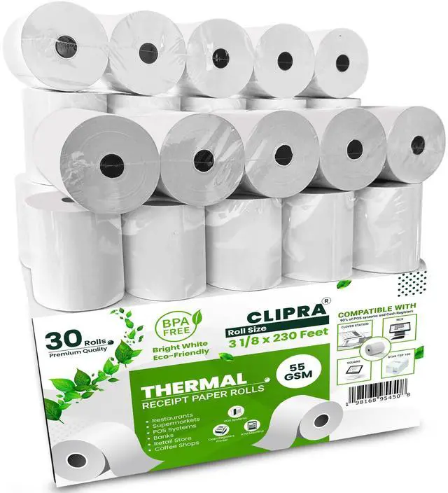 Main image of 3 1/8 x 230ft Thermal Paper Receipt Rolls (30 PACK) 55 GSM - Compatible with ALL POS Systems, Cash Registers - BPA Free, Premium Quality Receipt Paper Rolls