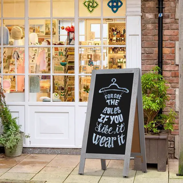 Alt view image 7 of 7 - Double-Sided Magnetic Chalkboard 40"x20" A-Frame - Vintage Pine Wood Sign Board with Windproof Base, 8 Markers & Magnets for Restaurant/Cafe/Retail (Grey)