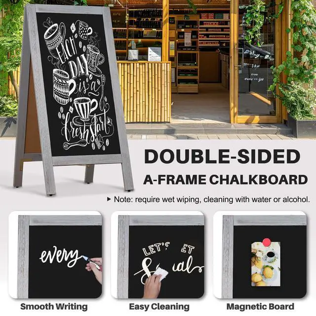 Alt view image 4 of 7 - Double-Sided Magnetic Chalkboard 40"x20" A-Frame - Vintage Pine Wood Sign Board with Windproof Base, 8 Markers & Magnets for Restaurant/Cafe/Retail (Grey)