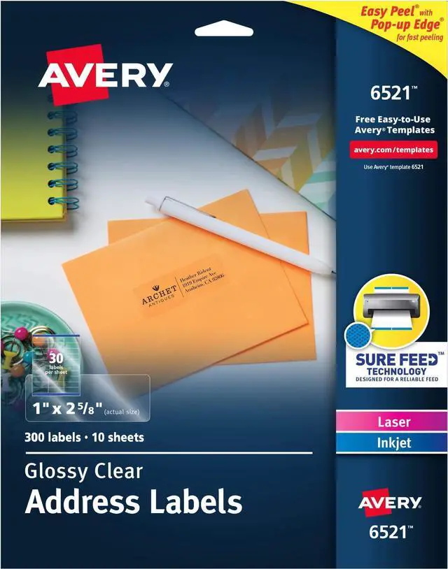 Main image of Address Labels Clear 1" x 2-5/8" | Glossy | Sure Feed Technology | For Laser & Inkjet Printers | 300 Labels, Pack of 5