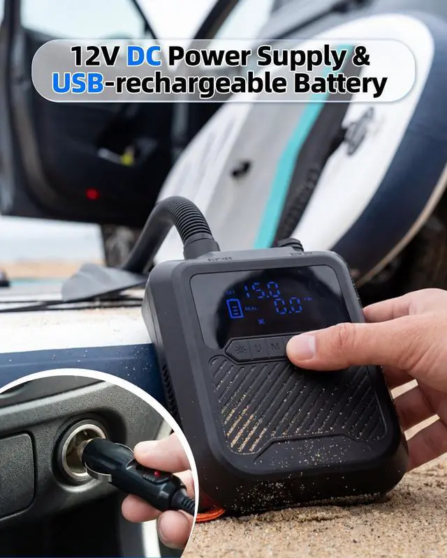Alt view image 6 of 7 - Electric Paddle Board Pump Portable, 20PSI High Pressure SUP Air Pump with Intelligent Dual Stage Inflation, Deflation & Auto-Off Function, Rechargeable Battery & 120W 12V DC Inflator for Kayak Boat