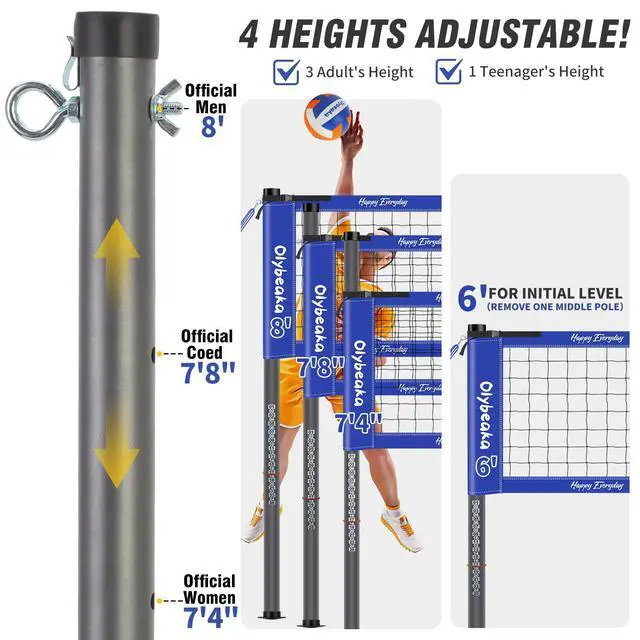 Alt view image 2 of 7 - 20ft / 32ft Portable Outdoor Volleyball Net Set for Backyard Beach Grass with Heavy Duty 1.25" Adjustable Poles, 28-Ply PE Net, PU Volleyball & Pump, Large Storage Bag