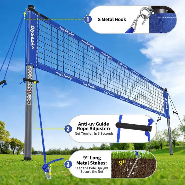 Alt view image 5 of 7 - 20ft / 32ft Portable Outdoor Volleyball Net Set for Backyard Beach Grass with Heavy Duty 1.25" Adjustable Poles, 28-Ply PE Net, PU Volleyball & Pump, Large Storage Bag