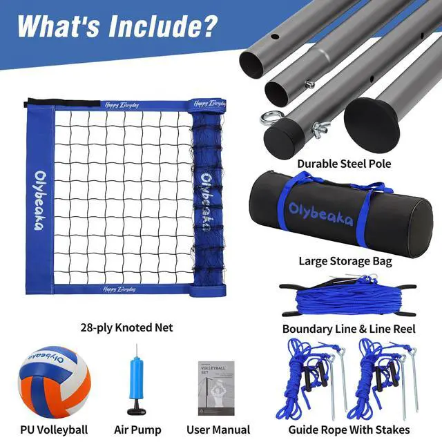 Alt view image 6 of 7 - 20ft / 32ft Portable Outdoor Volleyball Net Set for Backyard Beach Grass with Heavy Duty 1.25" Adjustable Poles, 28-Ply PE Net, PU Volleyball & Pump, Large Storage Bag