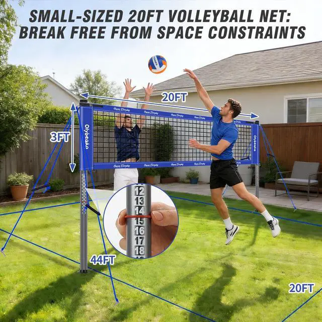 Alt view image 7 of 7 - 20ft / 32ft Portable Outdoor Volleyball Net Set for Backyard Beach Grass with Heavy Duty 1.25" Adjustable Poles, 28-Ply PE Net, PU Volleyball & Pump, Large Storage Bag