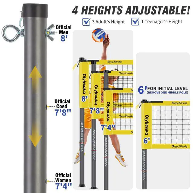 Alt view image 3 of 7 - 20ft / 32ft Portable Outdoor Volleyball Net Set for Backyard Beach Grass with Heavy Duty 1.25" Adjustable Poles, 28-Ply PE Net, PU Volleyball & Pump, Large Storage Bag
