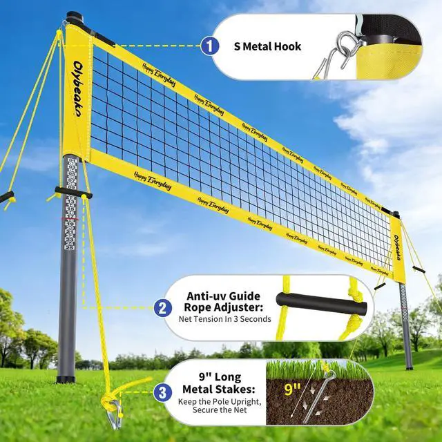 Alt view image 5 of 7 - 20ft / 32ft Portable Outdoor Volleyball Net Set for Backyard Beach Grass with Heavy Duty 1.25" Adjustable Poles, 28-Ply PE Net, PU Volleyball & Pump, Large Storage Bag
