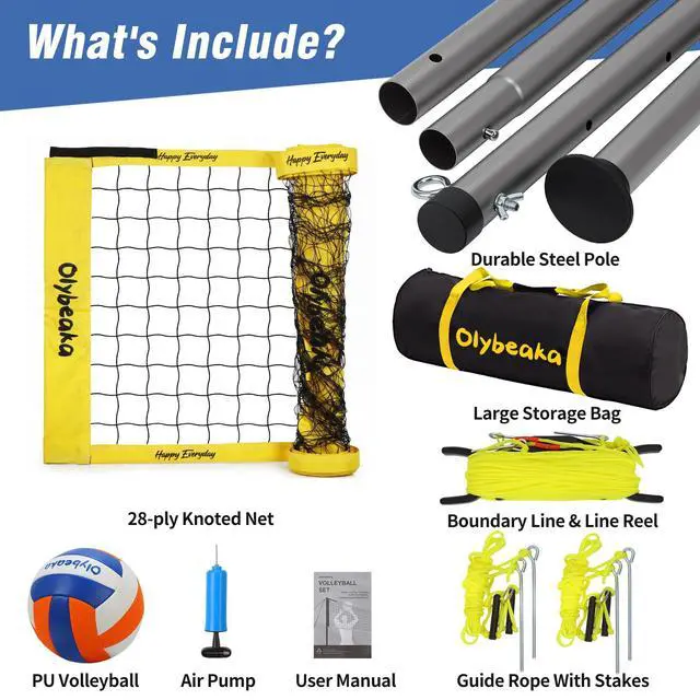 Alt view image 6 of 7 - 20ft / 32ft Portable Outdoor Volleyball Net Set for Backyard Beach Grass with Heavy Duty 1.25" Adjustable Poles, 28-Ply PE Net, PU Volleyball & Pump, Large Storage Bag