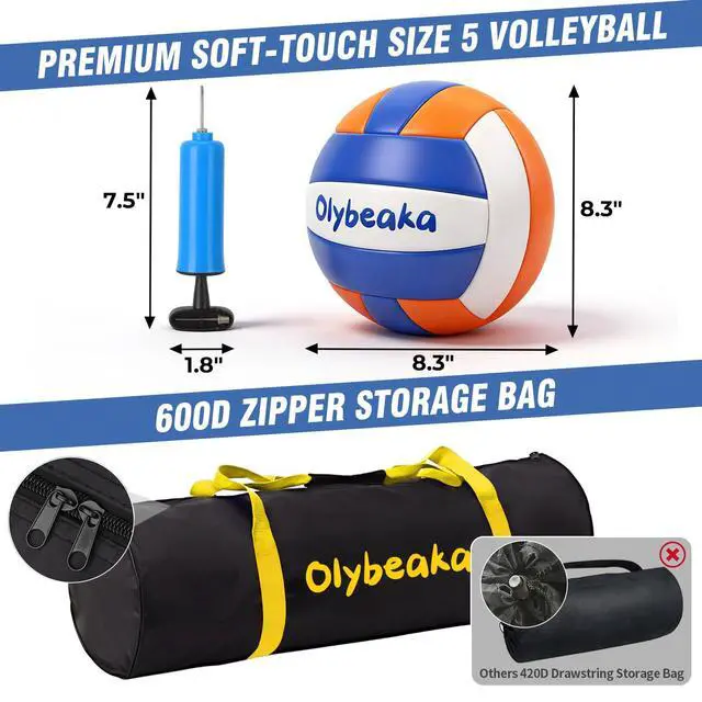 Alt view image 7 of 7 - 20ft / 32ft Portable Outdoor Volleyball Net Set for Backyard Beach Grass with Heavy Duty 1.25" Adjustable Poles, 28-Ply PE Net, PU Volleyball & Pump, Large Storage Bag