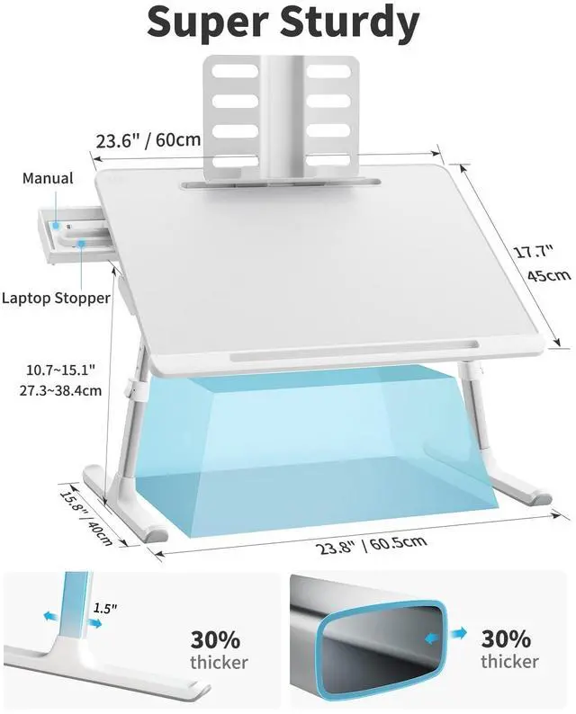 Alt view image 7 of 7 - Laptop Bed Tray Table, Adjustable Bed Desk for Laptop, Foldable Laptop Stand with Storage Drawer for Eating, Working, Writing, Gaming, Drawing (White, X-Large)