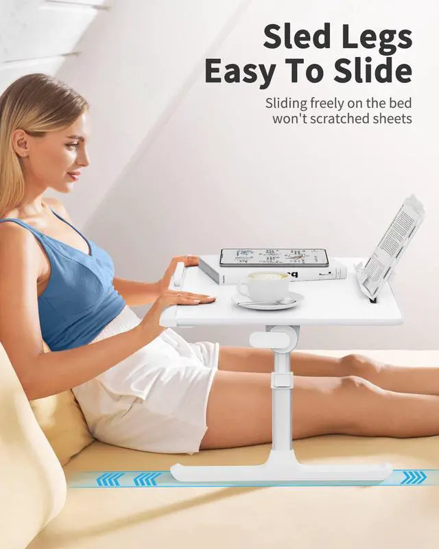 Alt view image 5 of 7 - Laptop Bed Tray Table, Adjustable Bed Desk for Laptop, Foldable Laptop Stand with Storage Drawer for Eating, Working, Writing, Gaming, Drawing (White, X-Large)