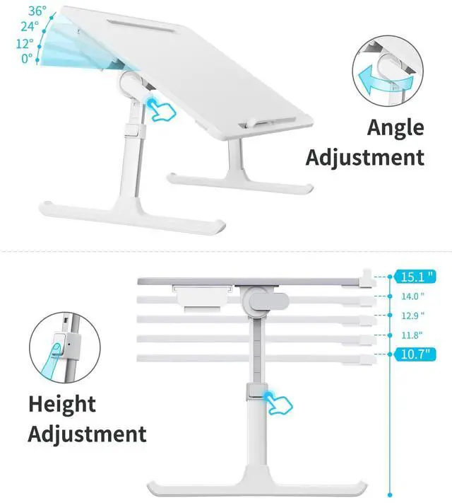 Alt view image 4 of 7 - Laptop Bed Tray Table, Adjustable Bed Desk for Laptop, Foldable Laptop Stand with Storage Drawer for Eating, Working, Writing, Gaming, Drawing (White, X-Large)