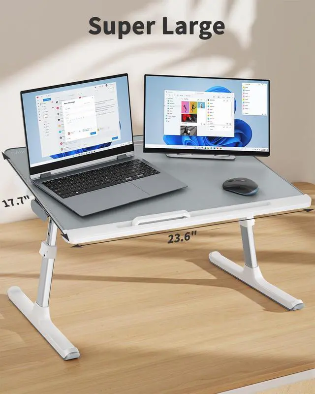 Alt view image 2 of 6 - Laptop tray, 60*45cm Table lap for bed, Multi-purpose Premium Lapdesk, Height Angle adjustable, with Book Stand, Drawer, Tablet slot, for Eating, Working, Writing, Gaming, Drawing (Light Grey)
