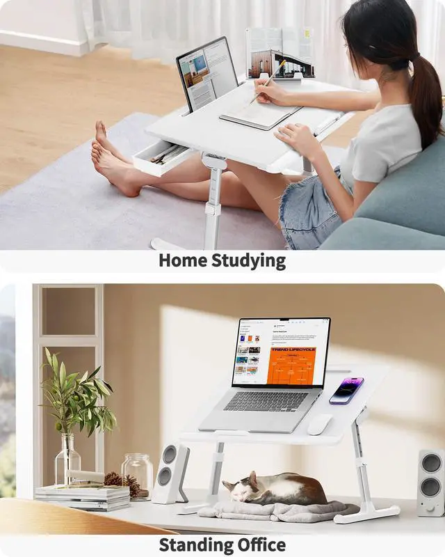 Alt view image 3 of 7 - Laptop Bed Tray Table, Adjustable Bed Desk for Laptop, Foldable Laptop Stand with Storage Drawer for Eating, Working, Writing, Gaming, Drawing (White, X-Large)