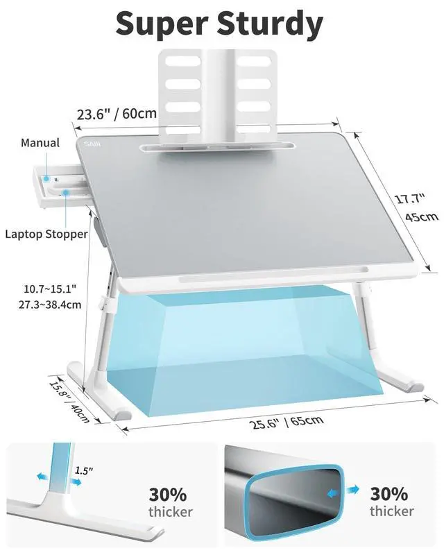 Alt view image 3 of 6 - Laptop tray, 60*45cm Table lap for bed, Multi-purpose Premium Lapdesk, Height Angle adjustable, with Book Stand, Drawer, Tablet slot, for Eating, Working, Writing, Gaming, Drawing (Light Grey)