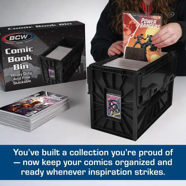Alt view image 2 of 7 - Short Comic Book Bin | Holds 150 Comics | Stackable Plastic Storage | Acid-Free Organizer | Black, 2 Pack | Comic Book Bin