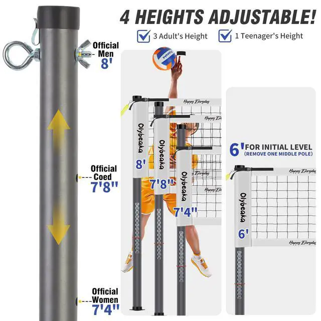 Alt view image 3 of 7 - 20ft / 32ft Portable Outdoor Volleyball Net Set for Backyard Beach Grass with Heavy Duty 1.25" Adjustable Poles, 28-Ply PE Net, PU Volleyball & Pump, Large Storage Bag