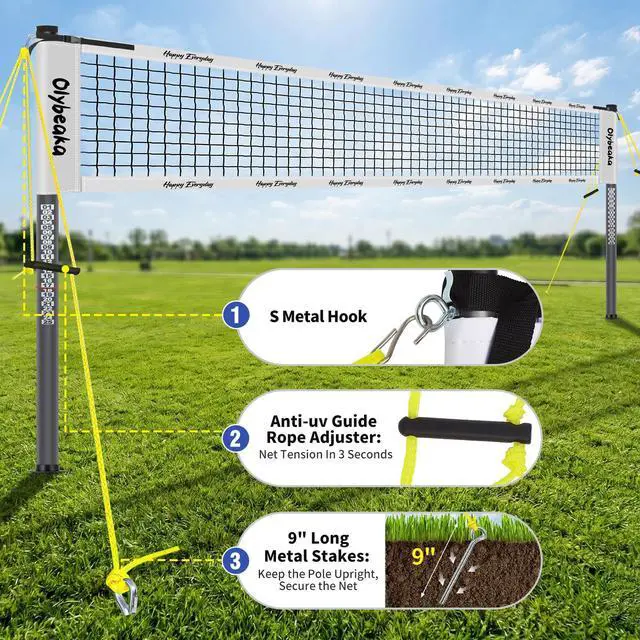 Alt view image 5 of 7 - 20ft / 32ft Portable Outdoor Volleyball Net Set for Backyard Beach Grass with Heavy Duty 1.25" Adjustable Poles, 28-Ply PE Net, PU Volleyball & Pump, Large Storage Bag