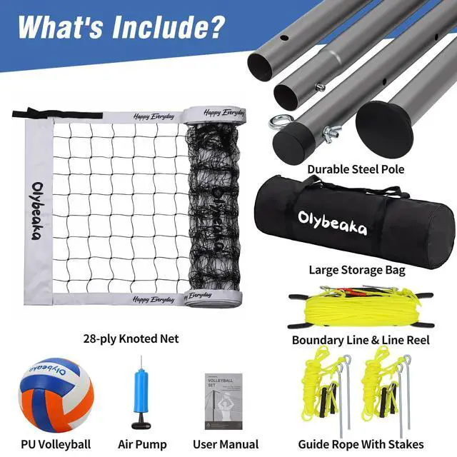 Alt view image 6 of 7 - 20ft / 32ft Portable Outdoor Volleyball Net Set for Backyard Beach Grass with Heavy Duty 1.25" Adjustable Poles, 28-Ply PE Net, PU Volleyball & Pump, Large Storage Bag