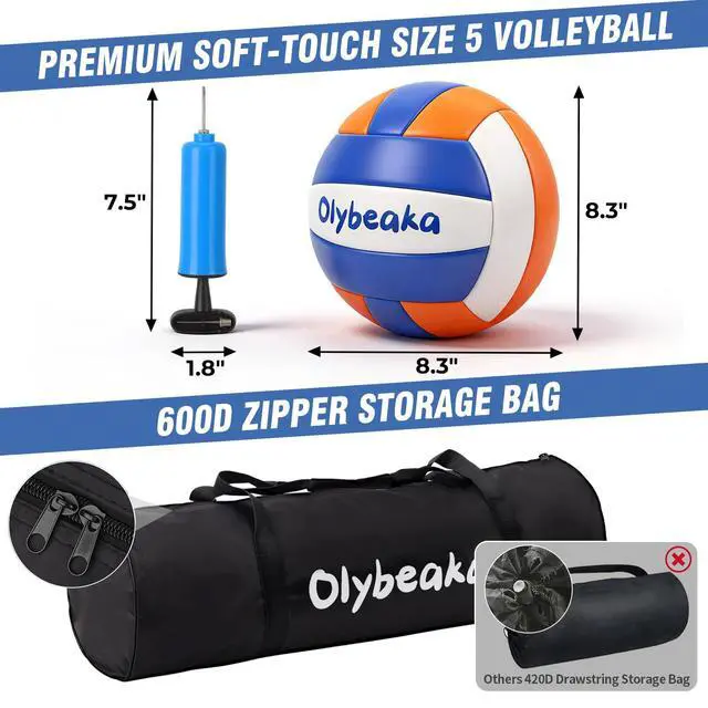 Alt view image 7 of 7 - 20ft / 32ft Portable Outdoor Volleyball Net Set for Backyard Beach Grass with Heavy Duty 1.25" Adjustable Poles, 28-Ply PE Net, PU Volleyball & Pump, Large Storage Bag