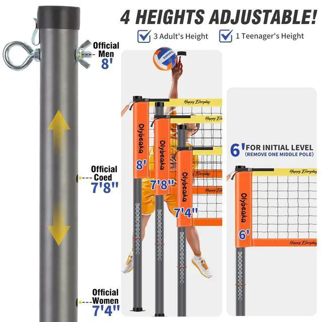 Alt view image 3 of 7 - 20ft / 32ft Portable Outdoor Volleyball Net Set for Backyard Beach Grass with Heavy Duty 1.25" Adjustable Poles, 28-Ply PE Net, PU Volleyball & Pump, Large Storage Bag