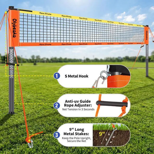 Alt view image 5 of 7 - 20ft / 32ft Portable Outdoor Volleyball Net Set for Backyard Beach Grass with Heavy Duty 1.25" Adjustable Poles, 28-Ply PE Net, PU Volleyball & Pump, Large Storage Bag