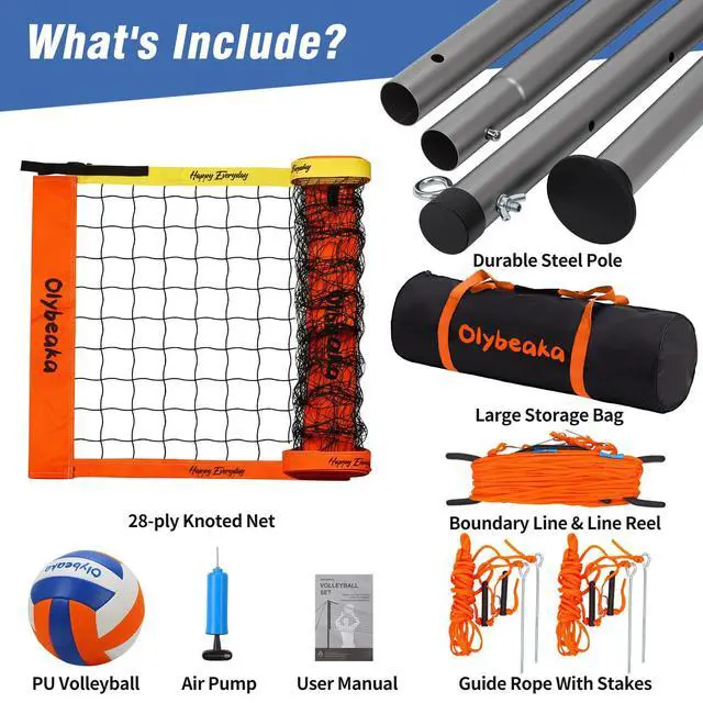 Alt view image 6 of 7 - 20ft / 32ft Portable Outdoor Volleyball Net Set for Backyard Beach Grass with Heavy Duty 1.25" Adjustable Poles, 28-Ply PE Net, PU Volleyball & Pump, Large Storage Bag