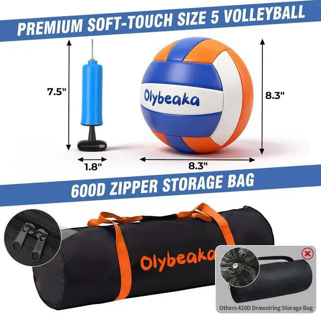 Alt view image 7 of 7 - 20ft / 32ft Portable Outdoor Volleyball Net Set for Backyard Beach Grass with Heavy Duty 1.25" Adjustable Poles, 28-Ply PE Net, PU Volleyball & Pump, Large Storage Bag